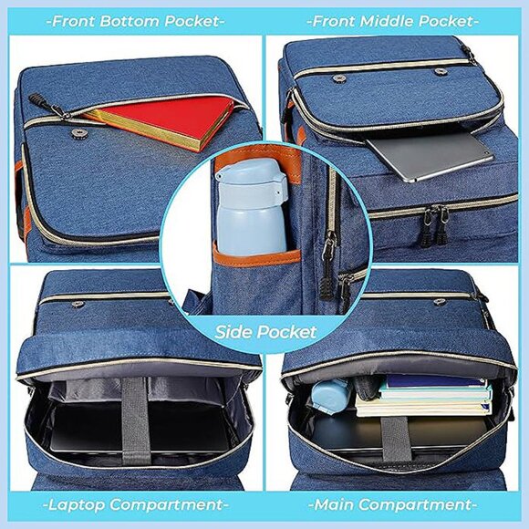 Vintage Laptop Backpack for Women Men,15.6 inch Bookbag Blue - Picture 5 of 6